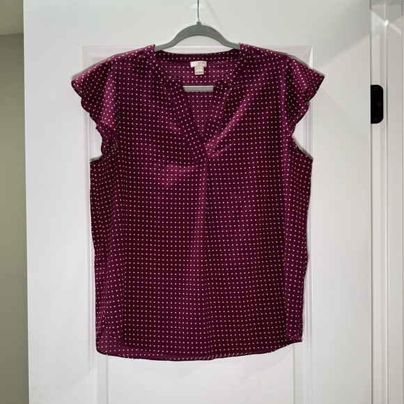 J. Crew Blouse Women Size 12 Purple Polka Dot V-Neck Flutter Cap Sleeve Shirt - Picture 2 of 9
